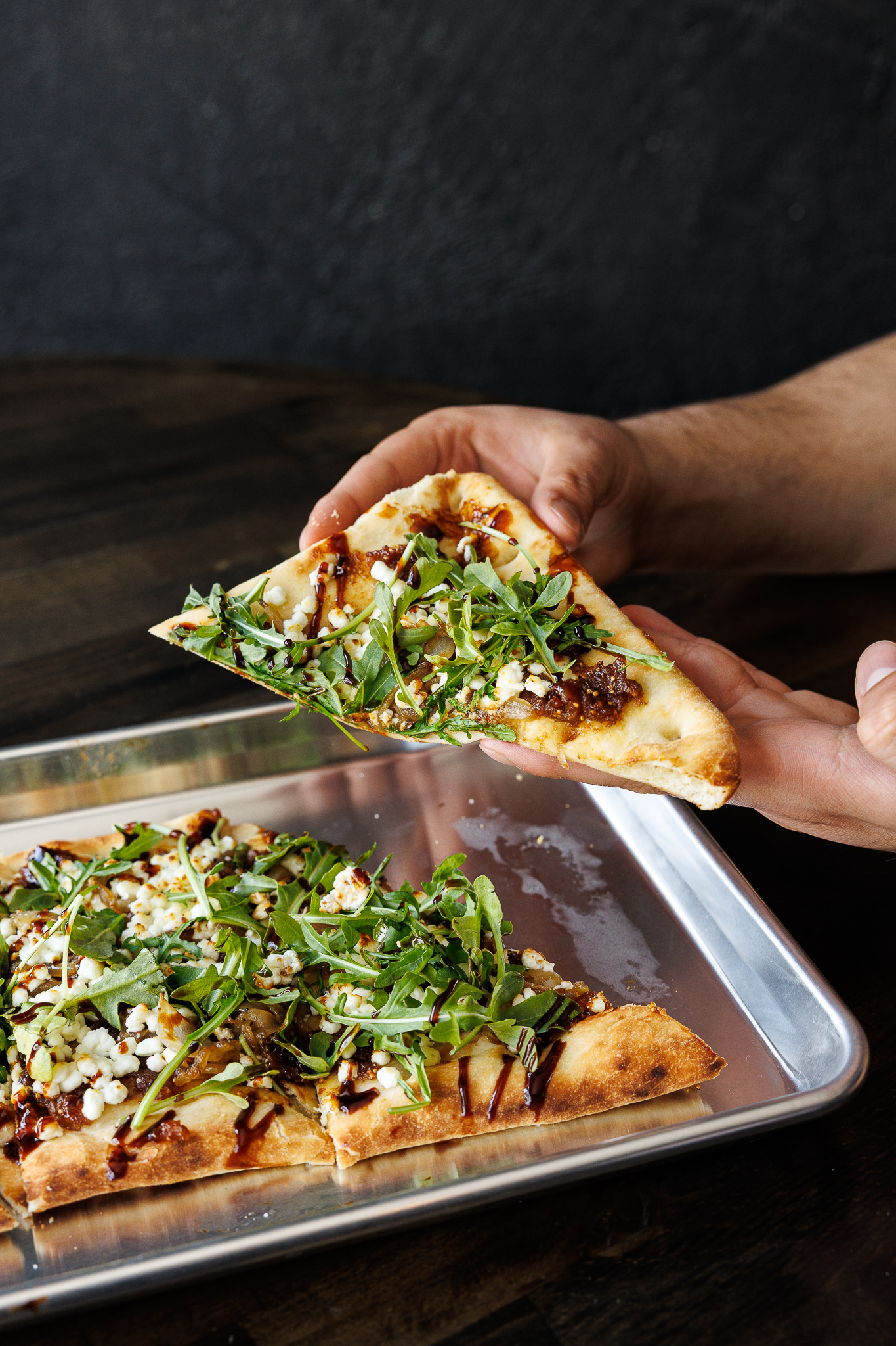 Goat cheese and fig flatbread fresh from the oven